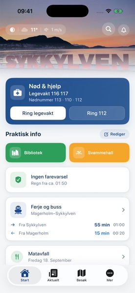 Forsiden med nødnumre, ferjeavganger og praktisk info